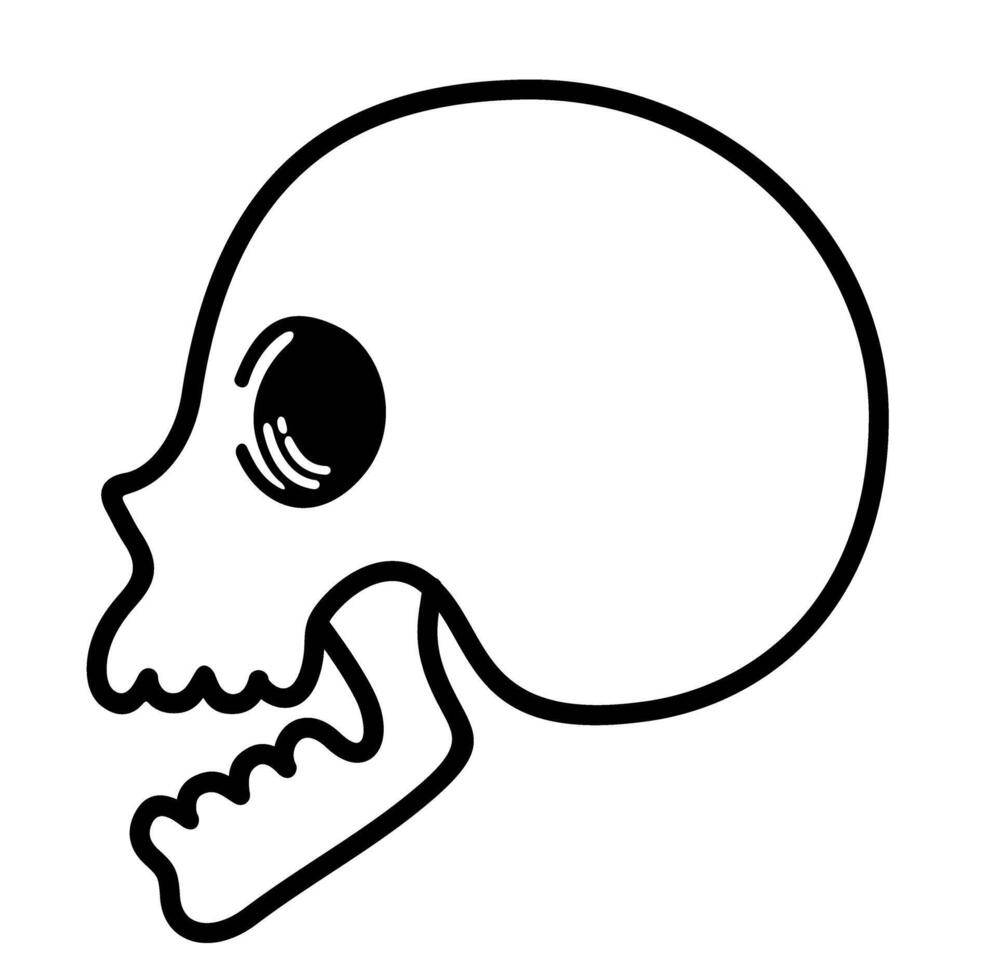 Skull bone face. Side view. Cute Skull icon. Black and white cartoon smiling cute human skeleton head. Spooky vector