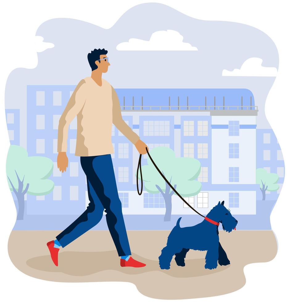 joven hombre caminando con su linda perro al aire libre. contento mascota dueño. negro terrier. ilustración en un plano estilo vector