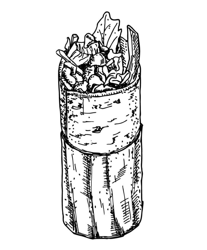 shawarma, doner brocheta bosquejo. turco rápido comida con carne y vegetales en Agave un pan. comida en el parrilla de shawarma vector