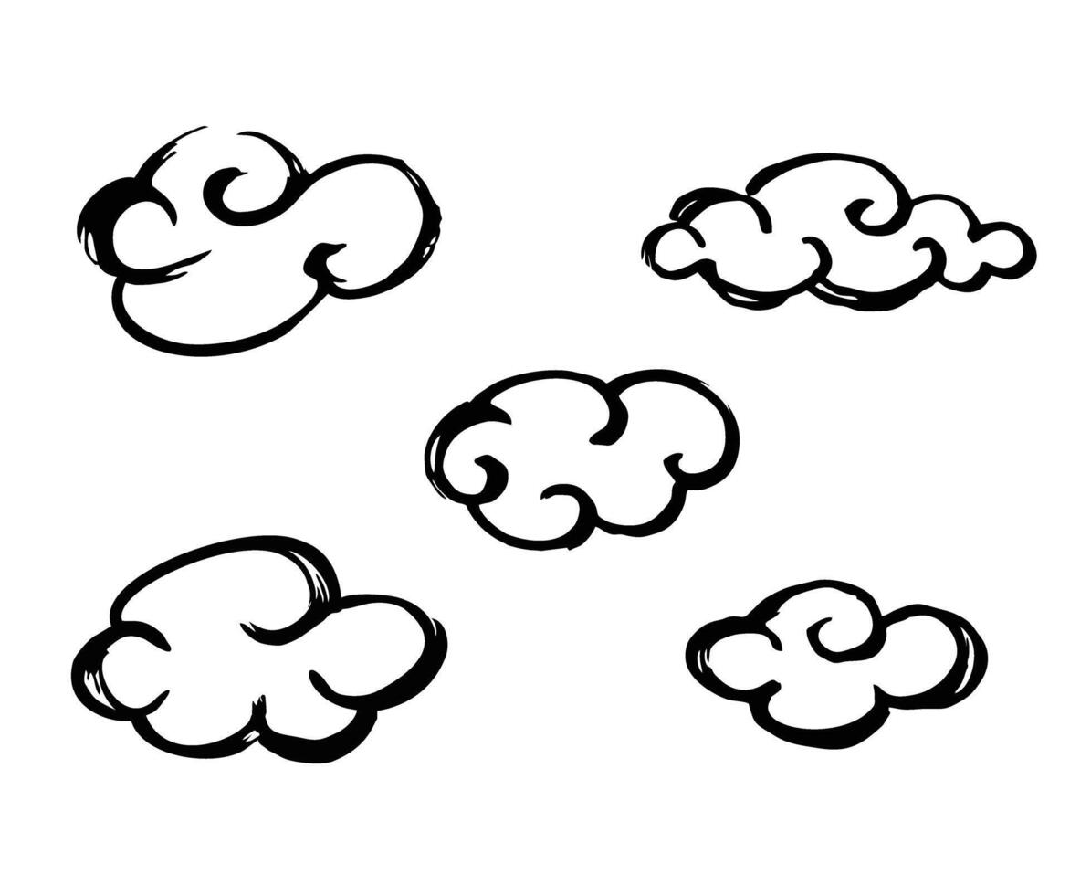 Hand drawn clouds set collection. Vintage chinese ink clouds. Various ink and brush hand drawn clouds. Sketch vector