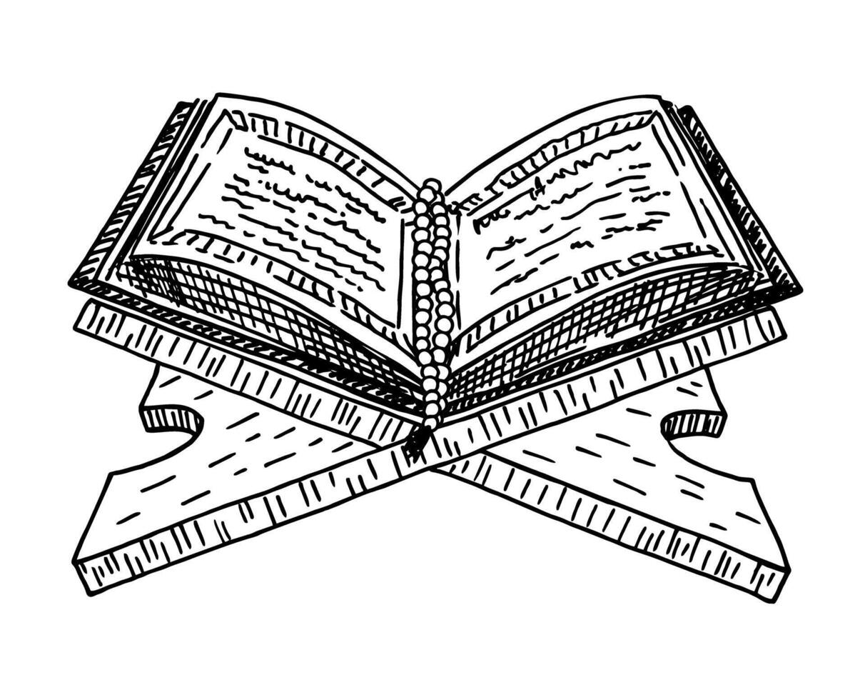 Open Koran sketch illustration. The holy book of the Koran on the stand. Muslim, Islamic religion symbol vector