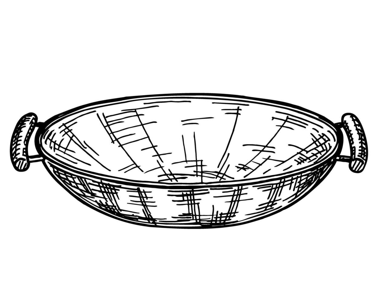 Wok pan. Professional Wok or chinese cooking pot. Hand drawn sketch. Asian fast food. For leaflets, cards, posters vector