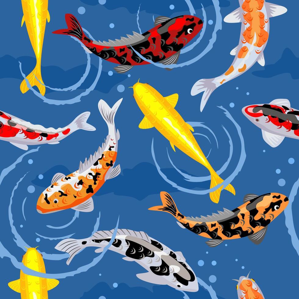 Seamless pattern with a koi fish pond. Koi carps. golden, red and black koi carps. For wrapping paper, scrapbooking, textile, fabric print. vector