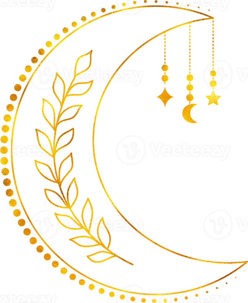 Moon in linear style with gold foil effect. png