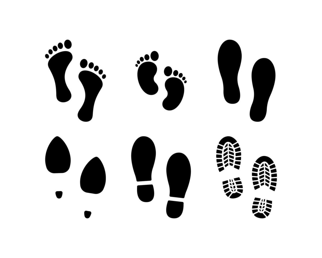 Collection human footprints . Boot sole, bare feet, baby footprint, high heel. vector