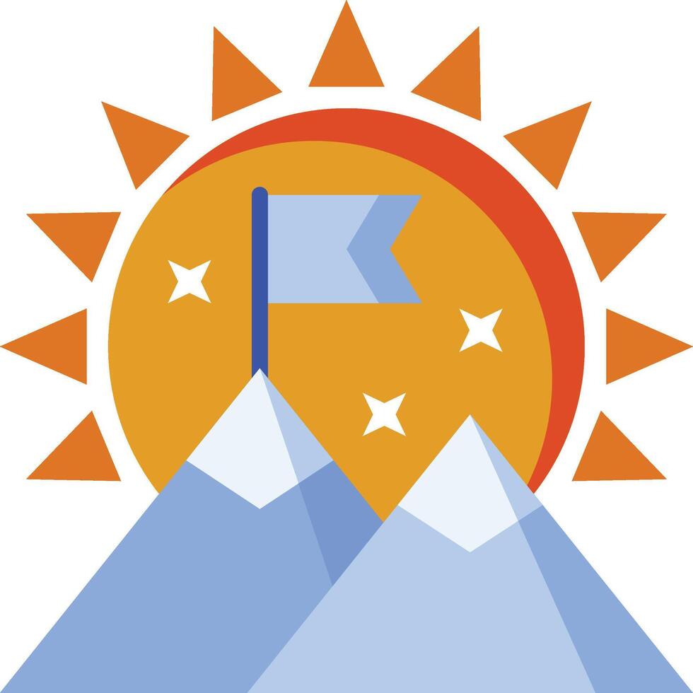 a flag on top of a mountain with a sun behind it vector