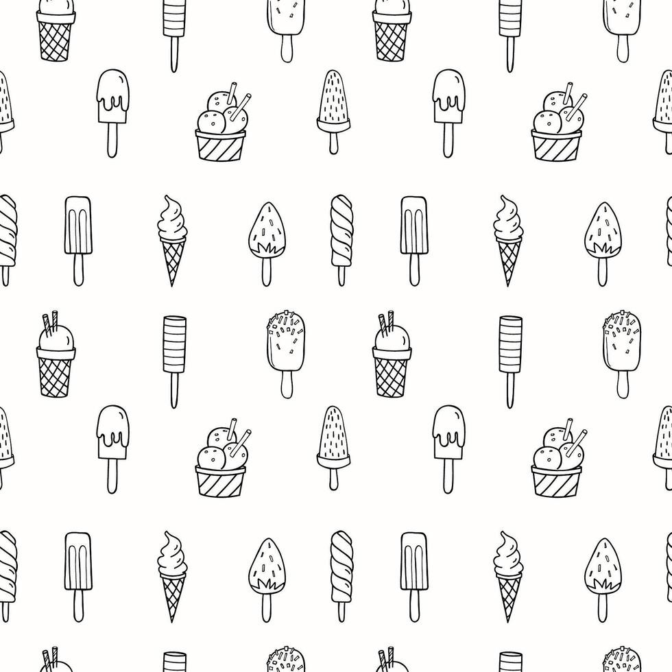 Ice Cream seamless pattern. Hand drawn ink sketch with cold milk dessert, repeating background. Line art illustration. Design rapport for label, card, print, paper, wrapping, textile, fabric vector