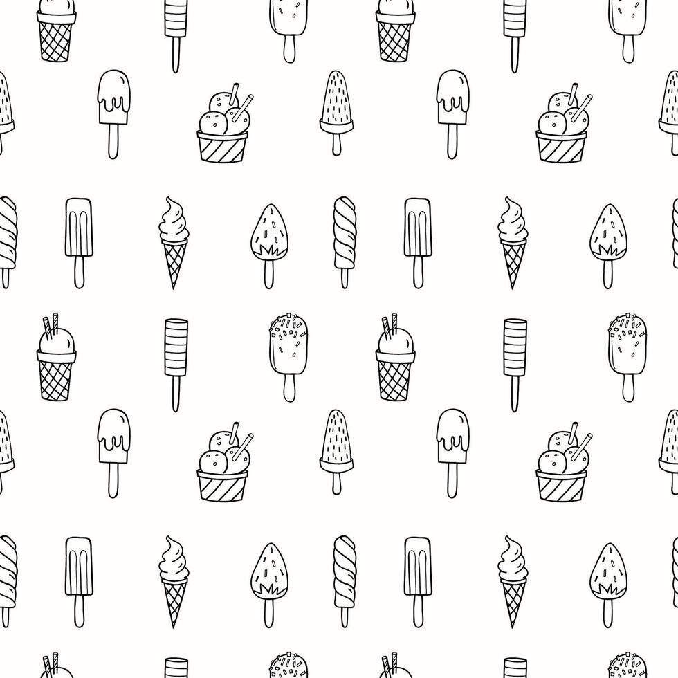 Ice Cream seamless pattern. Hand drawn ink sketch with cold milk dessert, repeating background. Line art illustration. Design rapport for label, card, print, paper, wrapping, textile, fabric vector