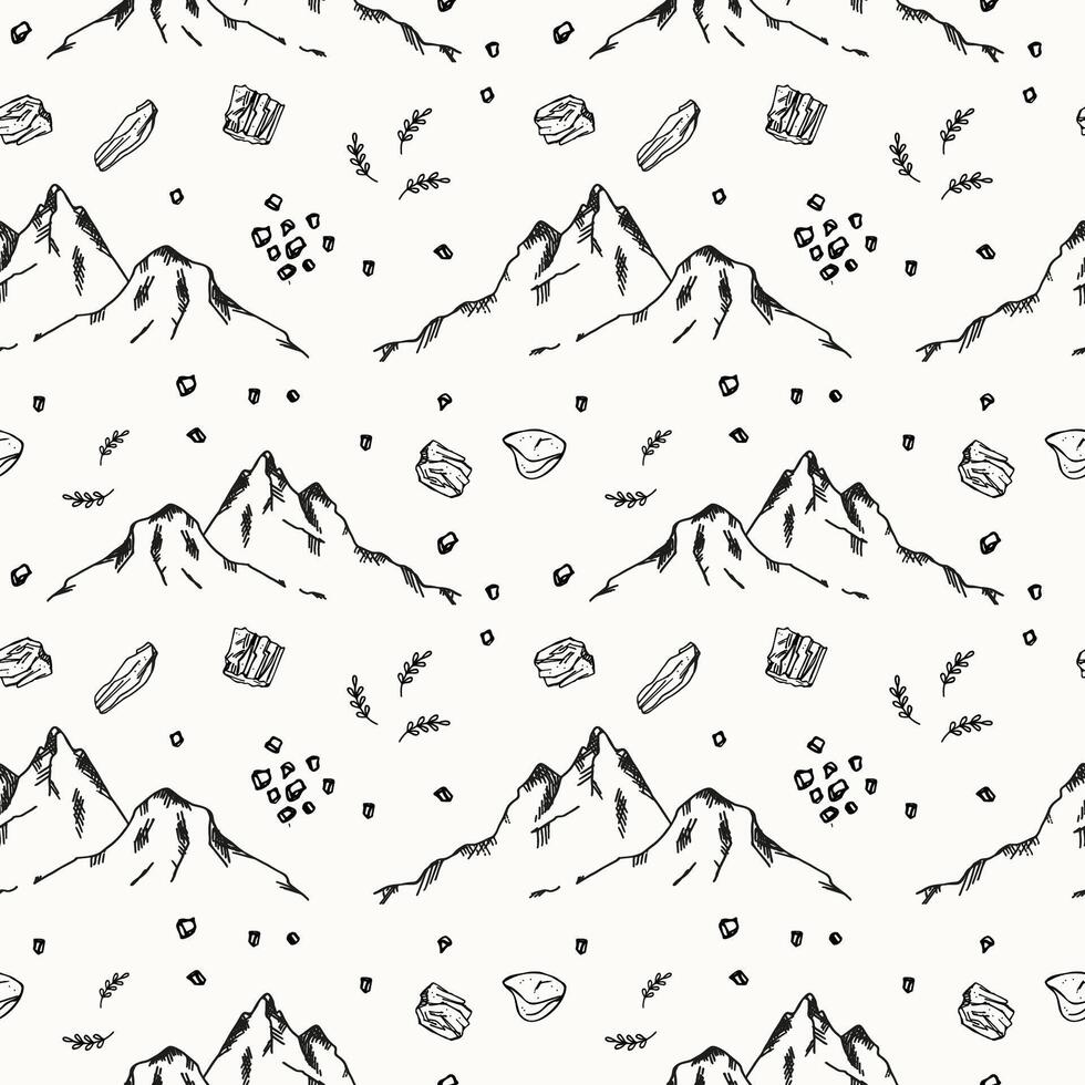 Mumijo seamless pattern with Shilajit Rocks hand drawn. Repeating background with mountains, stones natural pitch. Design element for Ayurveda, alternative medicine. For textile, wrapping, card, print vector