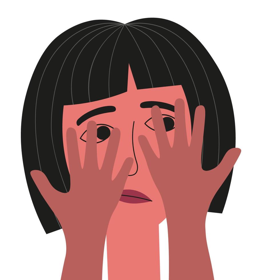 Fear character. Cartoon illustration with Girl covered her fear face with hand, emotion concept. Hand drawn Self protection from horror problems, anxiety, stress, attack. Isolated background vector