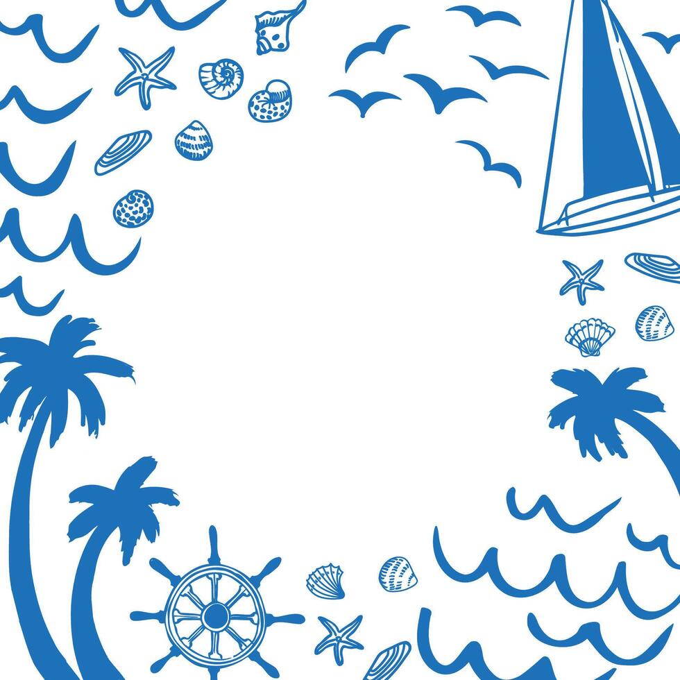 Marine sketch background card with seagulls, waves, palm trees, shells, yacht, steering wheel, hand drawn illustration. Backdrop template with Sea Voyage, nautical vacation, cruise travelling vector