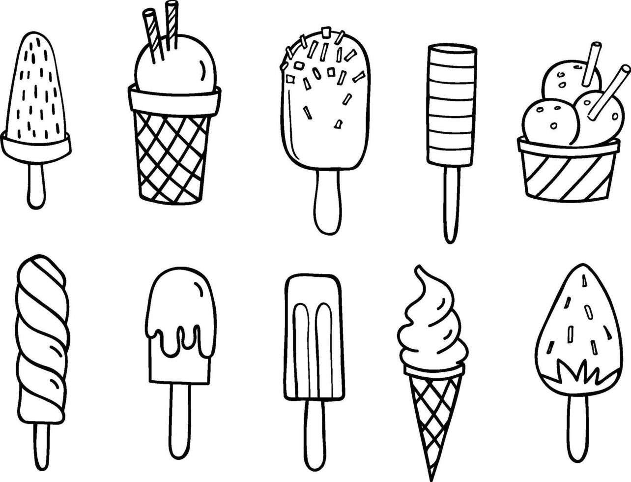 Ice Cream hand drawn ink sketch. Set with different kind sweets dessert, line art graphic. illustration isolated on background. Design for label, logo, poster, card, flyer, sign, print, paper vector