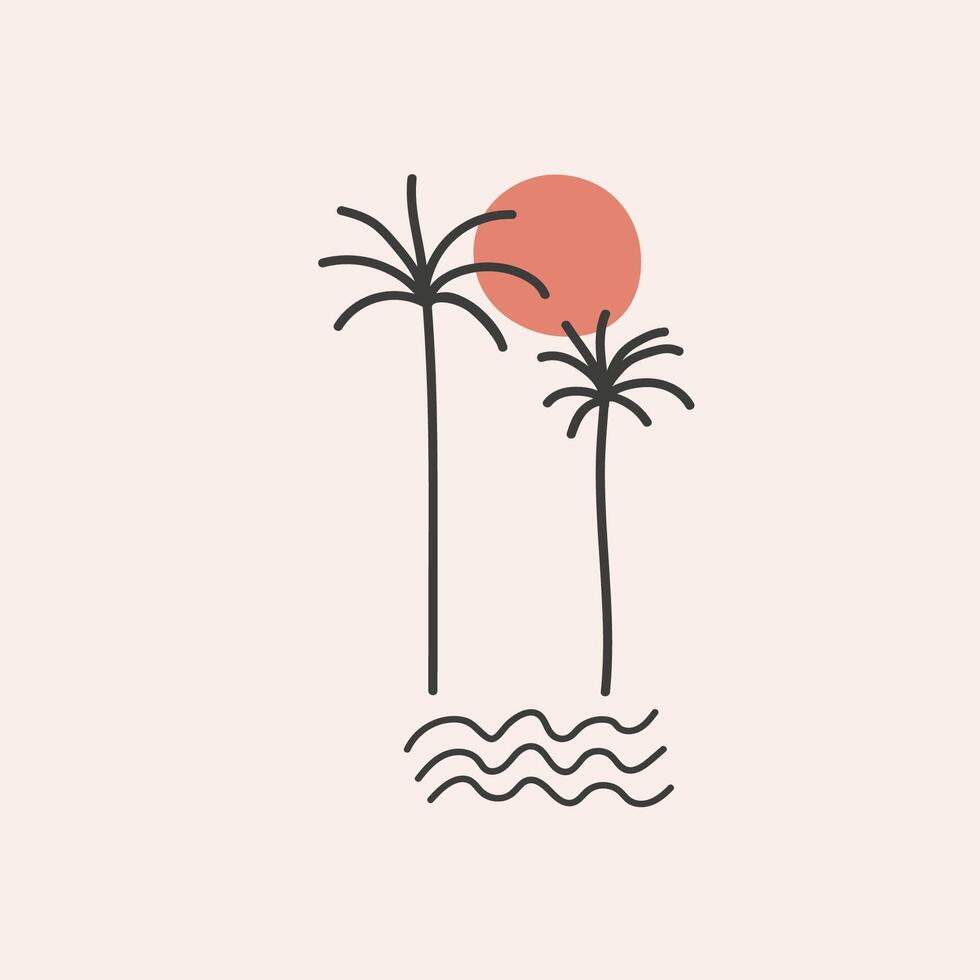 palma árboles, ondas, sol, tarjeta boho diseño. lineal bosquejo en mínimo estilo marina paisaje. modelo para logo, plantillas en de moda bohemio estilo melocotón color. resumen Arte mar firmar, diseño tarjeta vector