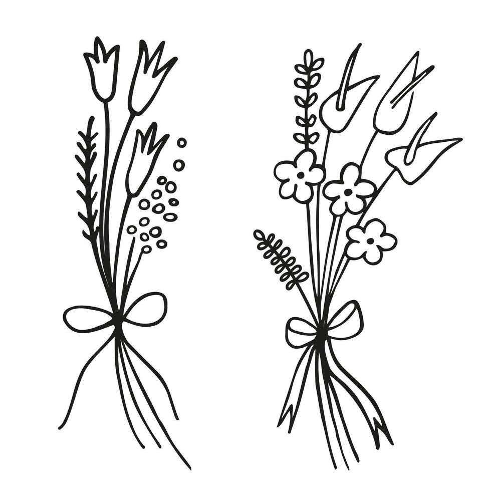 Bouquet flowers sketch hand drawn illustration on isolated background. Ink doodle with flavor bloom flowered tulip, calla lilies, plants. Simple line art style, festive design for print, paper, card vector