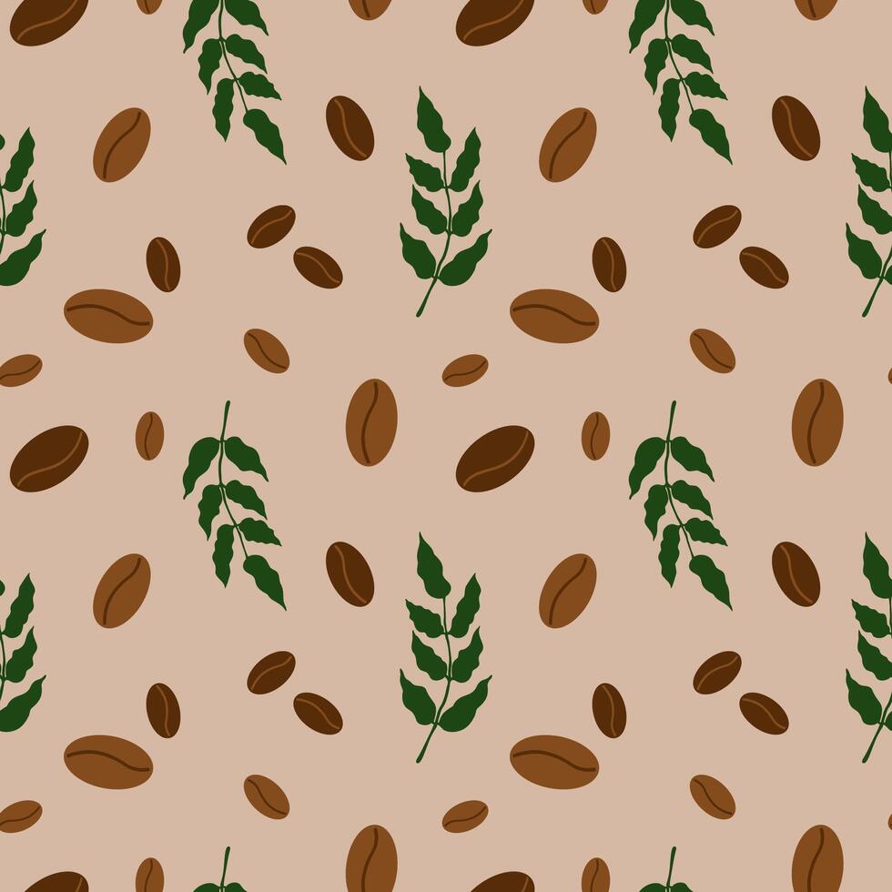 Coffee beans and coffee tree branch seamless pattern. Hand drawn Arabica plant, repeating background flat illustration. Texture rapport for textile, print, wrapping, card, template, paper vector