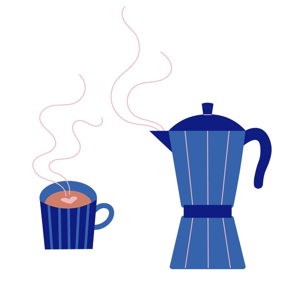 moka maceta italiano Café exprés máquina mano dibujado plano ilustraciones. Mañana caliente café con cafetera en dibujos animados estilo en aislado antecedentes. diseño elemento para tarjeta, imprimir, papel, póster etiqueta vector