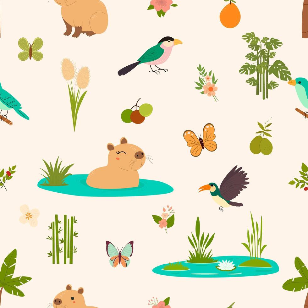 Cute seamless background with a variety of capybaras, butterflies, birds, mangoes, avocados. Great for fabrics, wrapping paper, covers and children's designs. vector