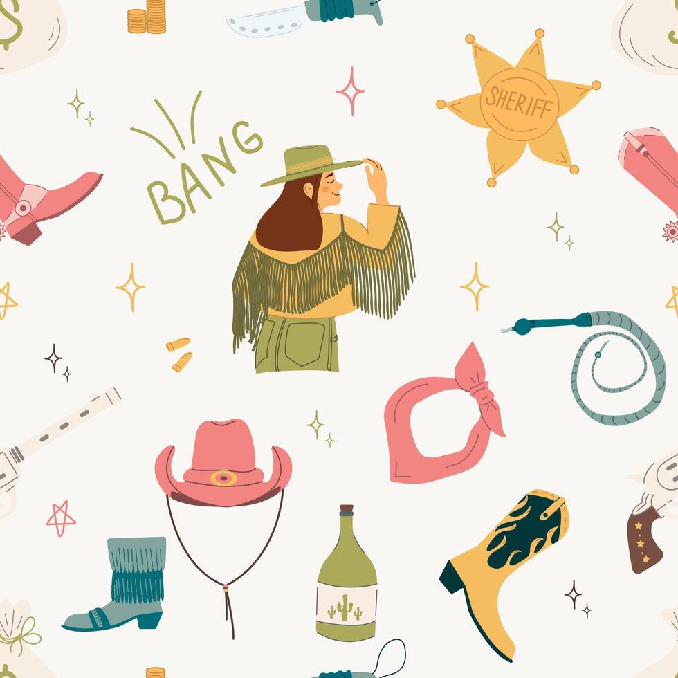 Seamless pattern with cowboy boots, hat, cards, stars and snakes. Wild West theme. The simple baby style is ideal for textiles, baby shower fabrics, digital paper and fashion. vector