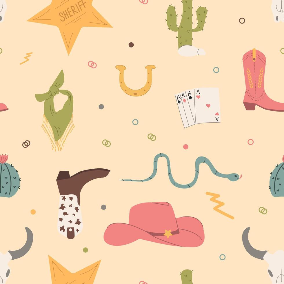 MobileSeamless pattern with cowboy boots, hat, cards, stars and snakes. Wild West theme. The simple baby style is ideal for textiles, baby shower fabrics, digital paper and fashion. vector