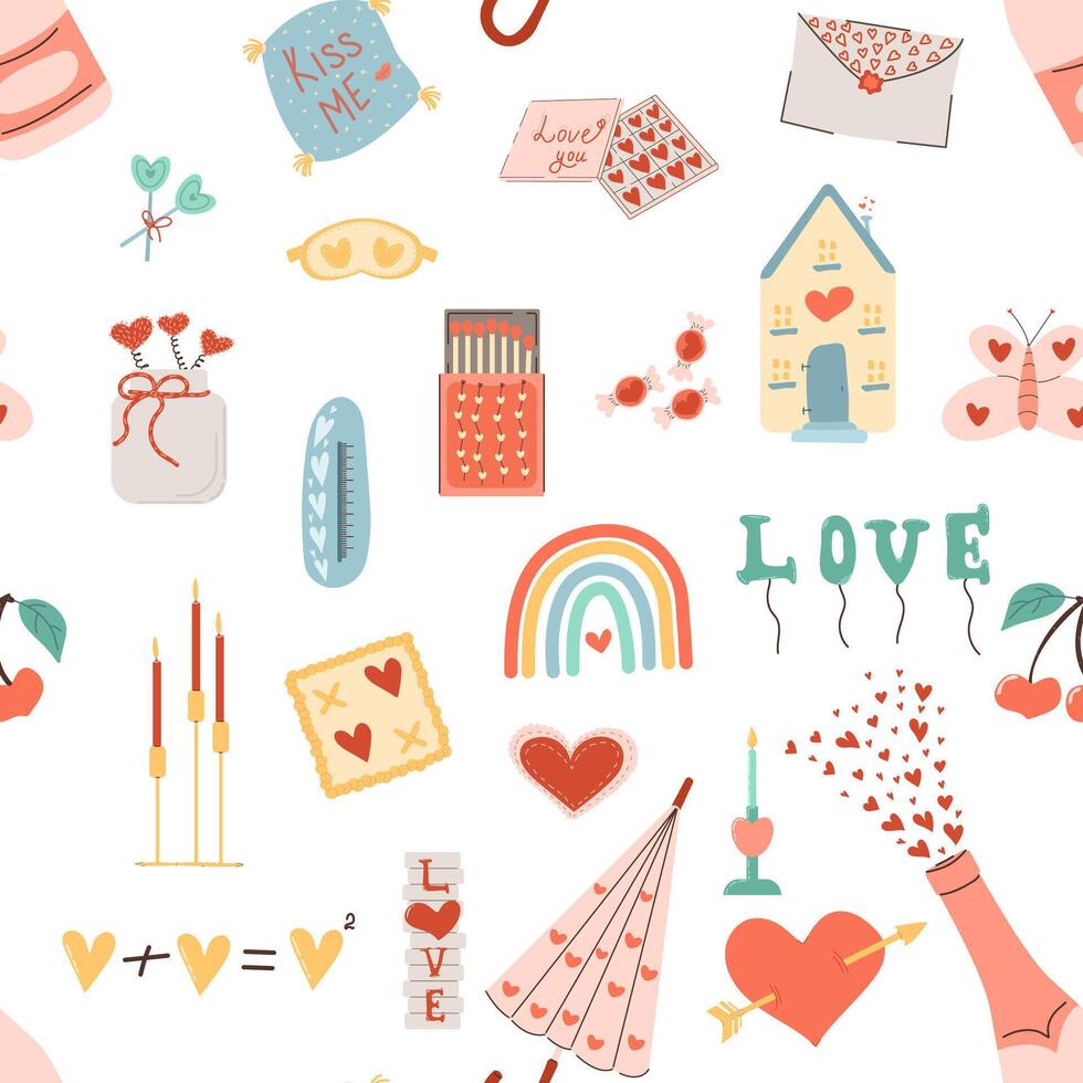 Seamless pattern with champagne, sweets, umbrella, candles. Valentine's Day.Great for fabrics, wrapping paper, covers and children's designs. vector