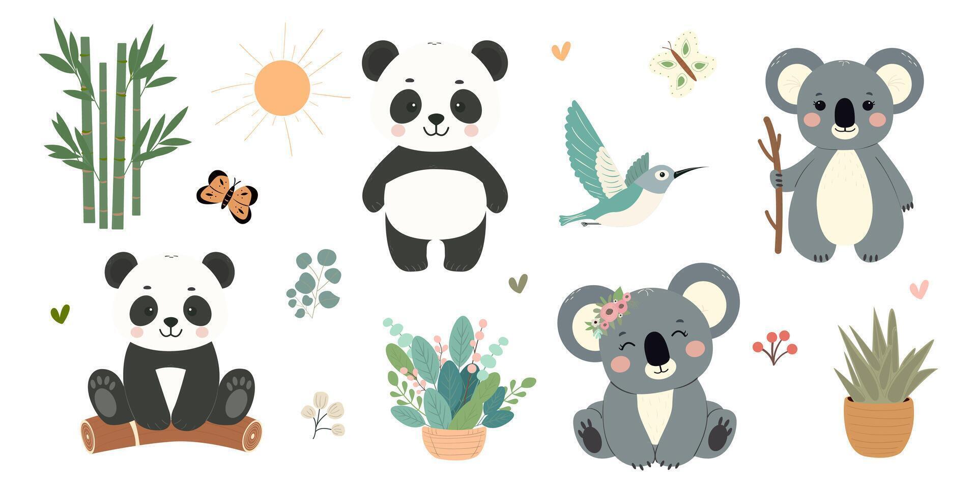 Collection of children's exotic animals. illustration of a panda,koala. vector