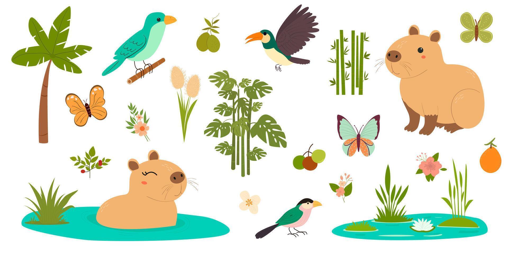 set with cute capybara. Birds, butterflies, bamboo, swamp, mango. Created a collection of elements for scrapbooking. Logo, print, poster, design template. vector