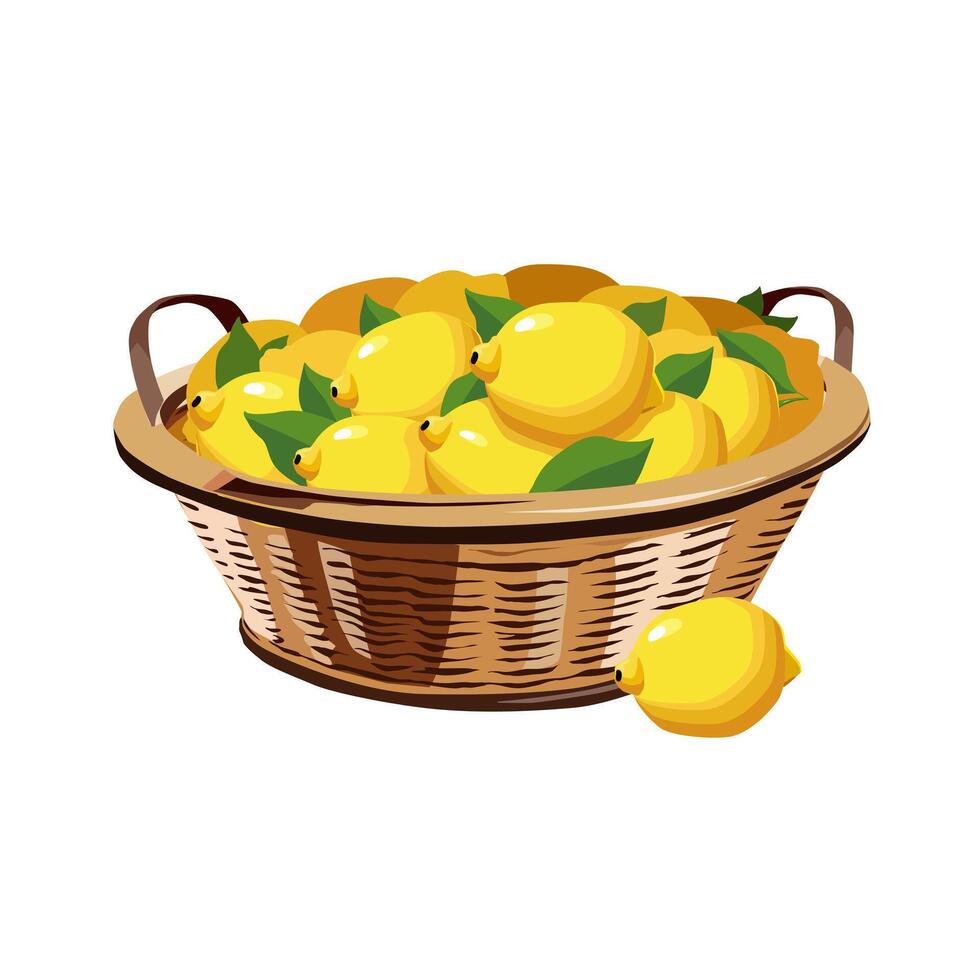 Wicker basket full of healthy and juicy yellow lemons isolated on white background. fruit illustration in flat style. Summer clipart for design of card, banner, flyer, poster vector
