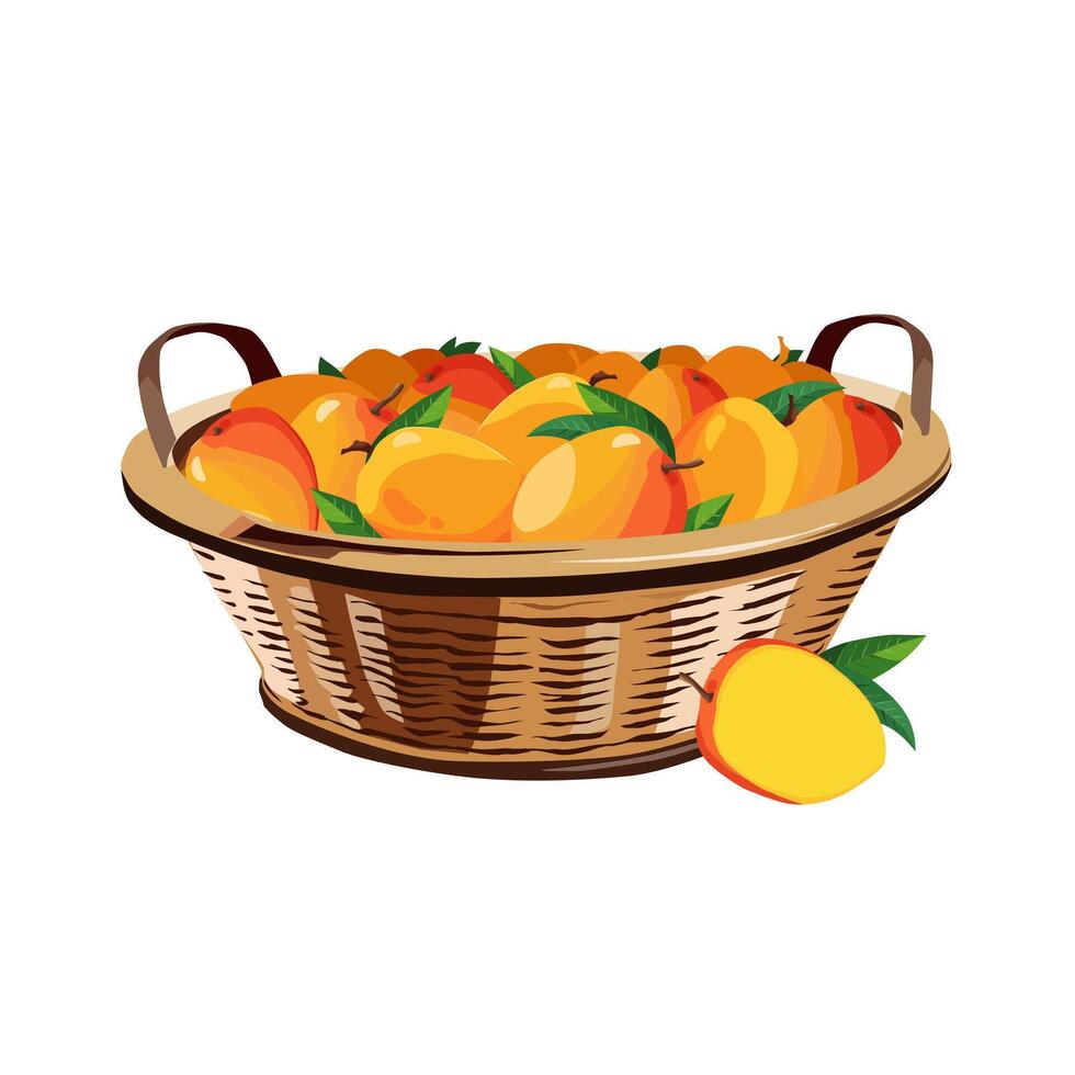 mimbre cesta lleno de sano y jugoso amarillo naranja mangos aislado en blanco antecedentes. Fruta ilustración en plano estilo. verano clipart para diseño de tarjeta, bandera, volantes, póster vector