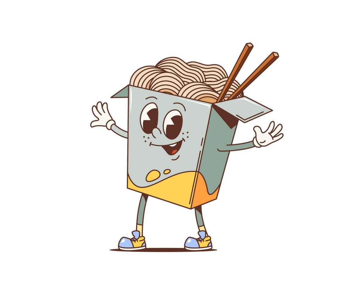 Cartoon retro noodles box groovy pasta character vector