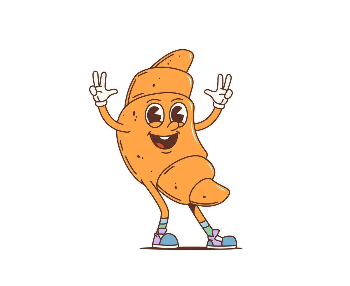 Cartoon retro croissant groovy funky character vector
