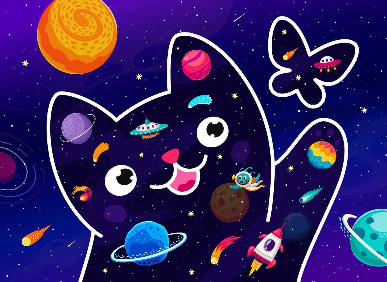 dibujos animados espacio gato persiguiendo un mariposa en galaxia vector