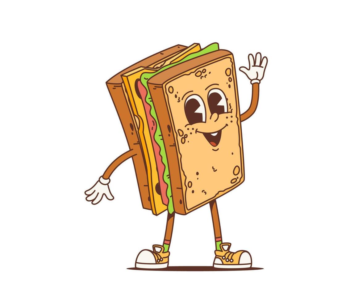 Cartoon retro sandwich groovy character, fast food vector