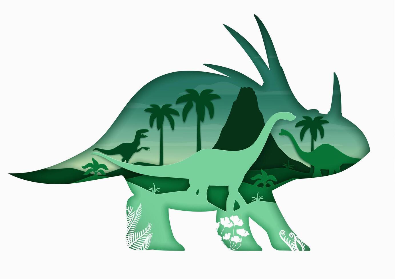 papel cortar dinosaurio silueta con paisaje vector