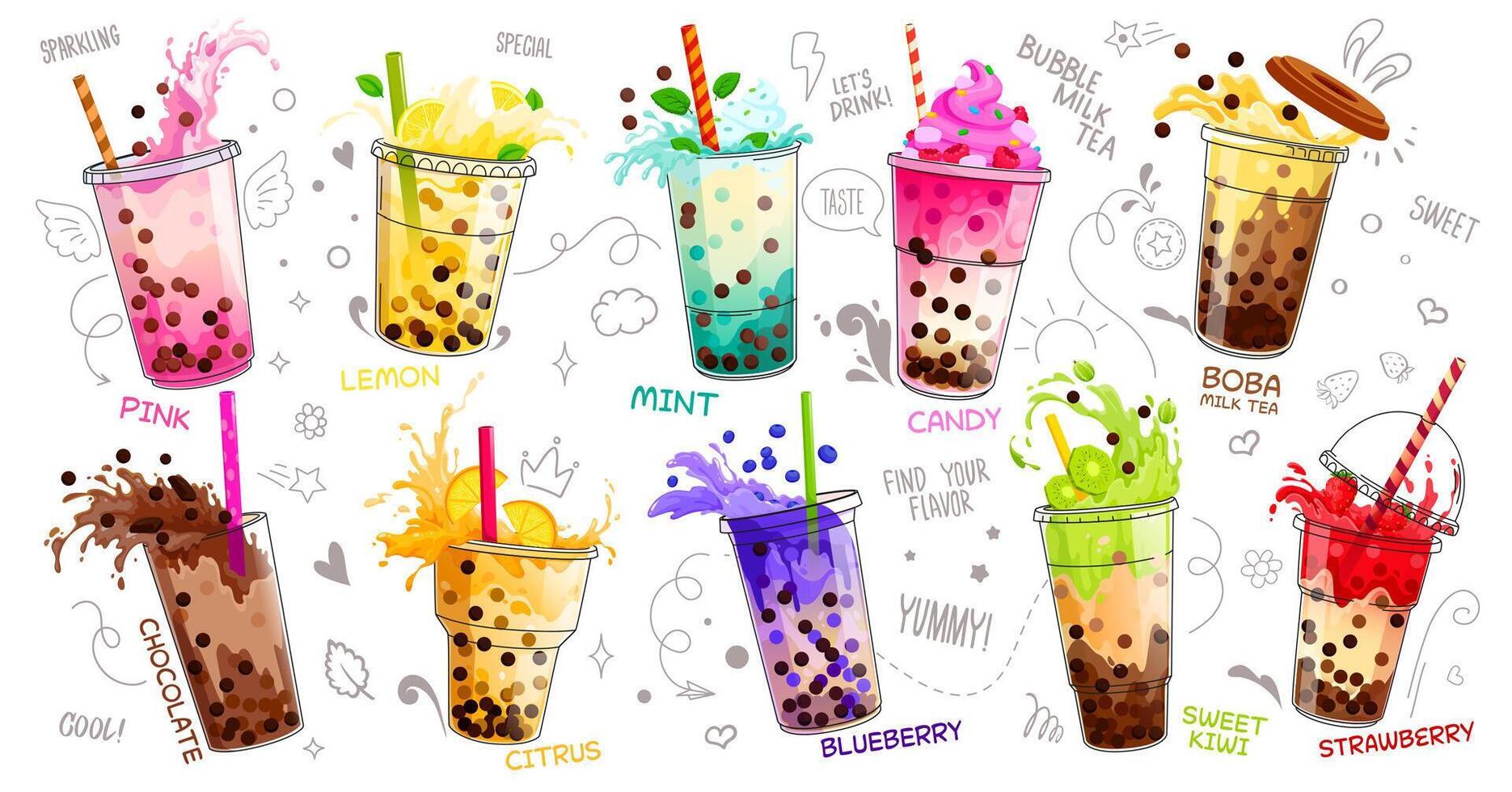 Cartoon milk bubble tea cups isolated set vector