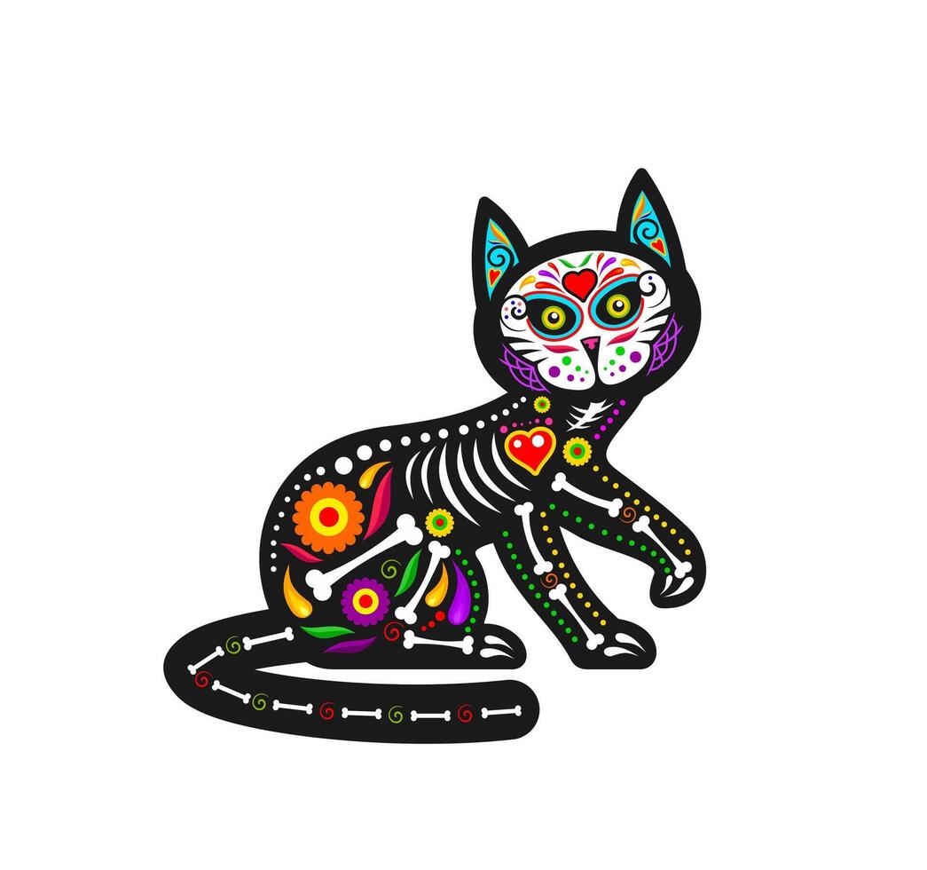 Mexican day of dead cat animal sugar skull tattoo vector