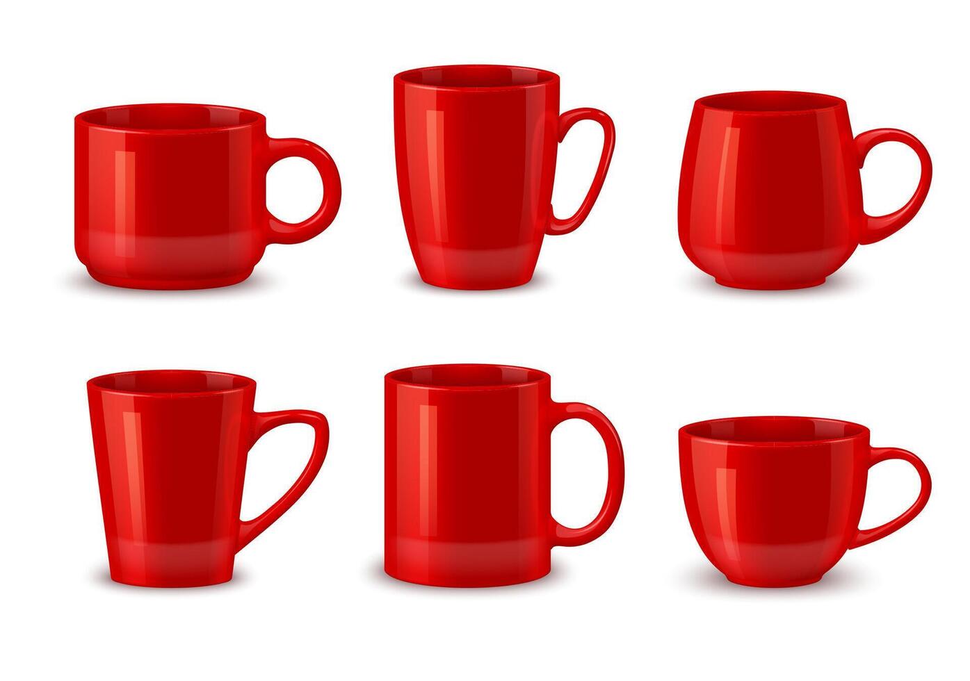 Red ceramic coffee mugs, tea cup realistic mockups vector
