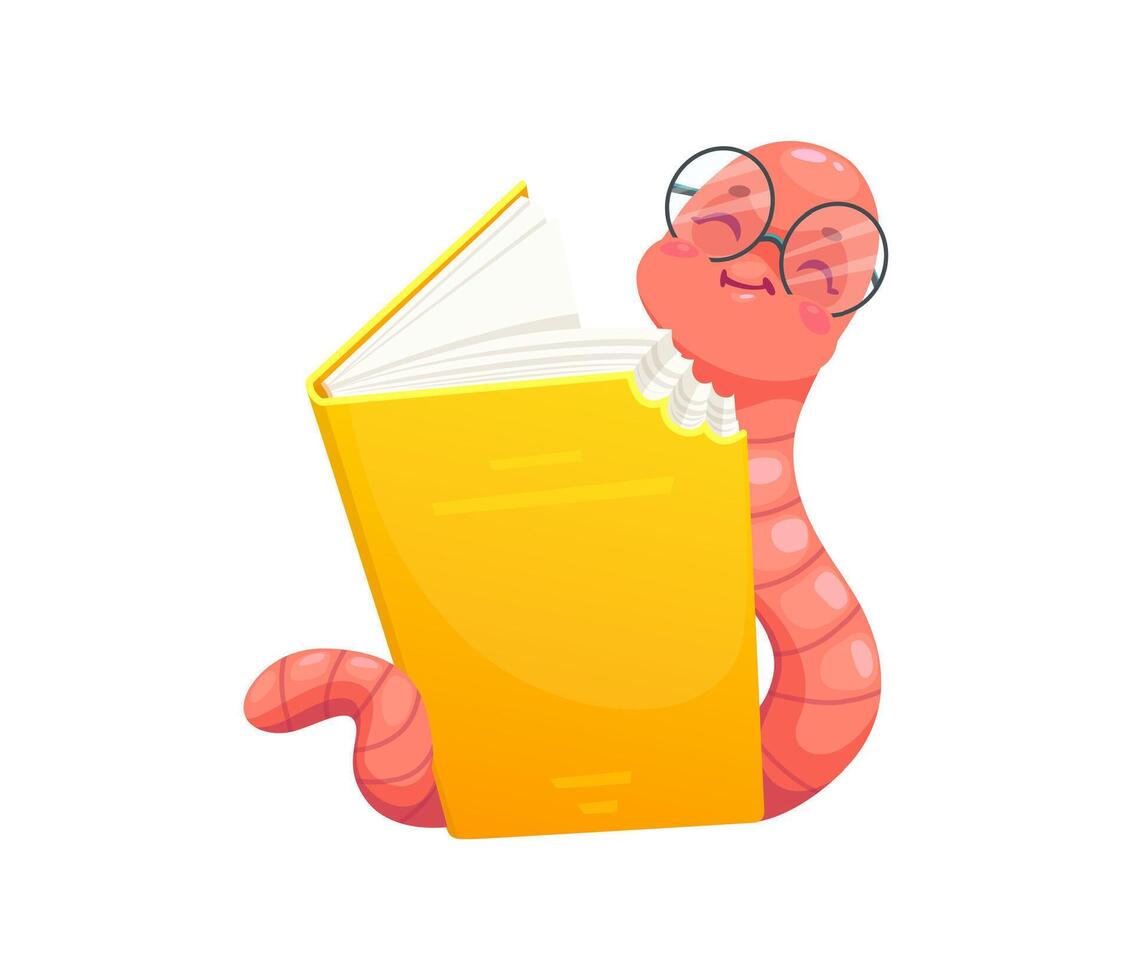 Cartoon funny bookworm character eating book vector