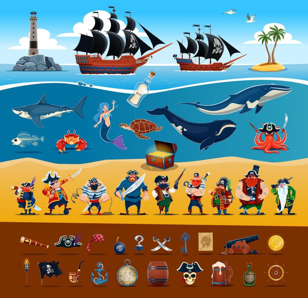 Cartoon pirate characters, ships, animals, items vector