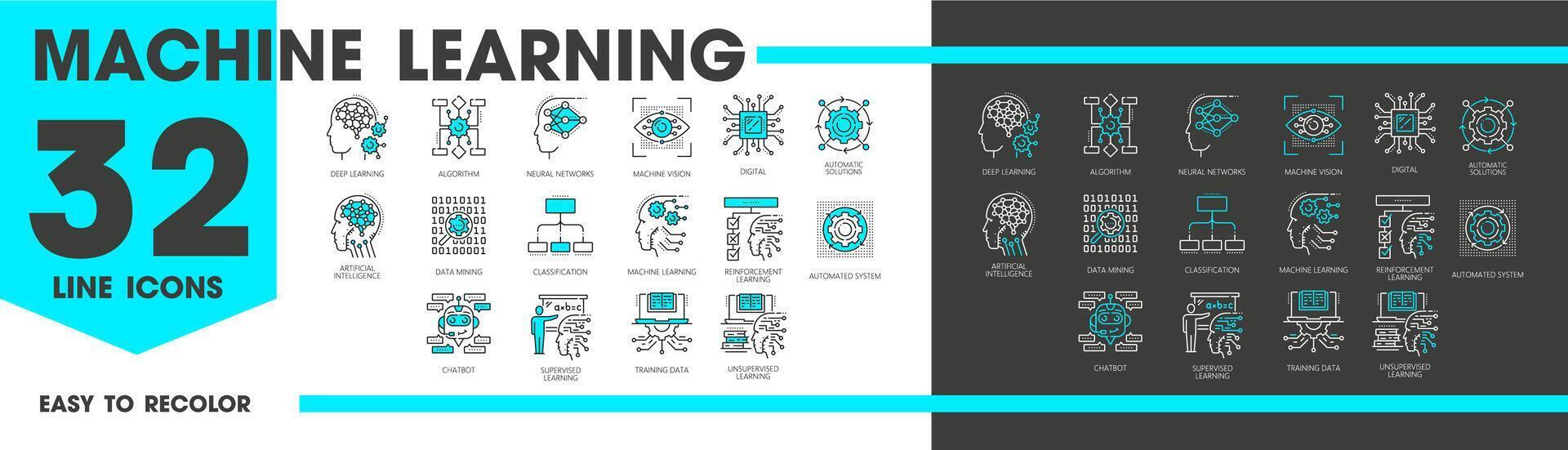 Machine learning line icons, AI robot brain vector