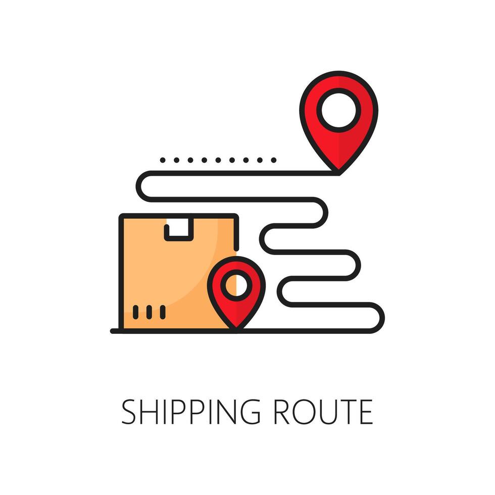 Shipping route line icon, delivery box, map pins vector