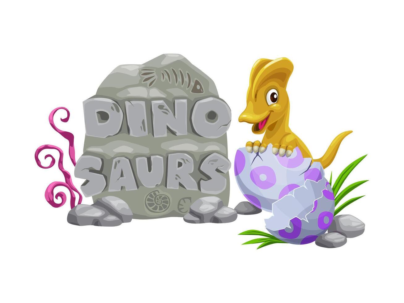 Cartoon dino kid with egg, dinosaur character. vector