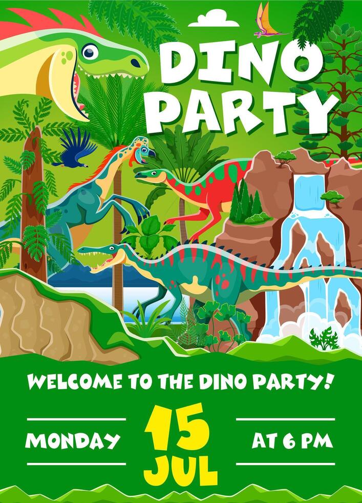 Dino party flyer with funny dinosaur characters vector