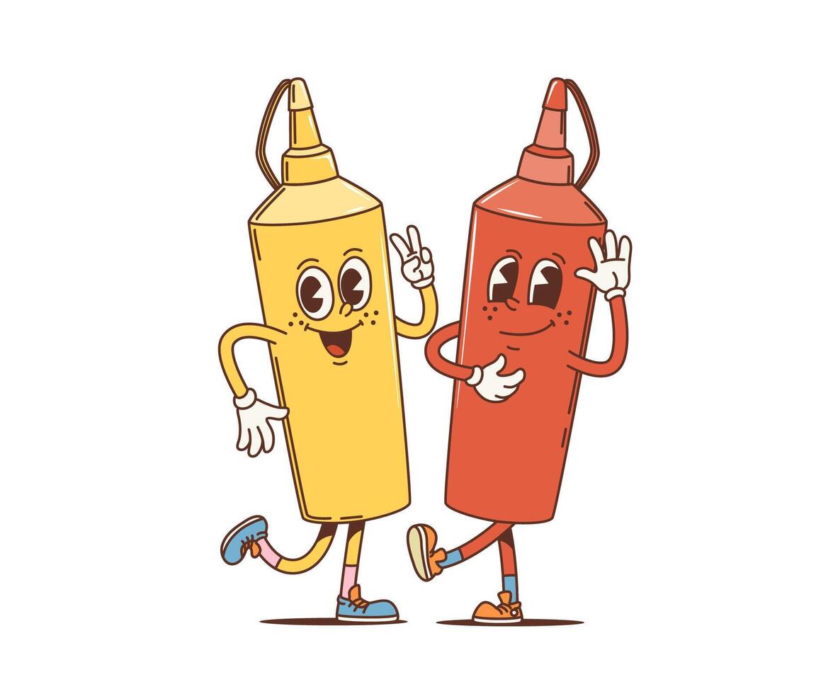 Cartoon retro groovy mustard and ketchup bottles vector