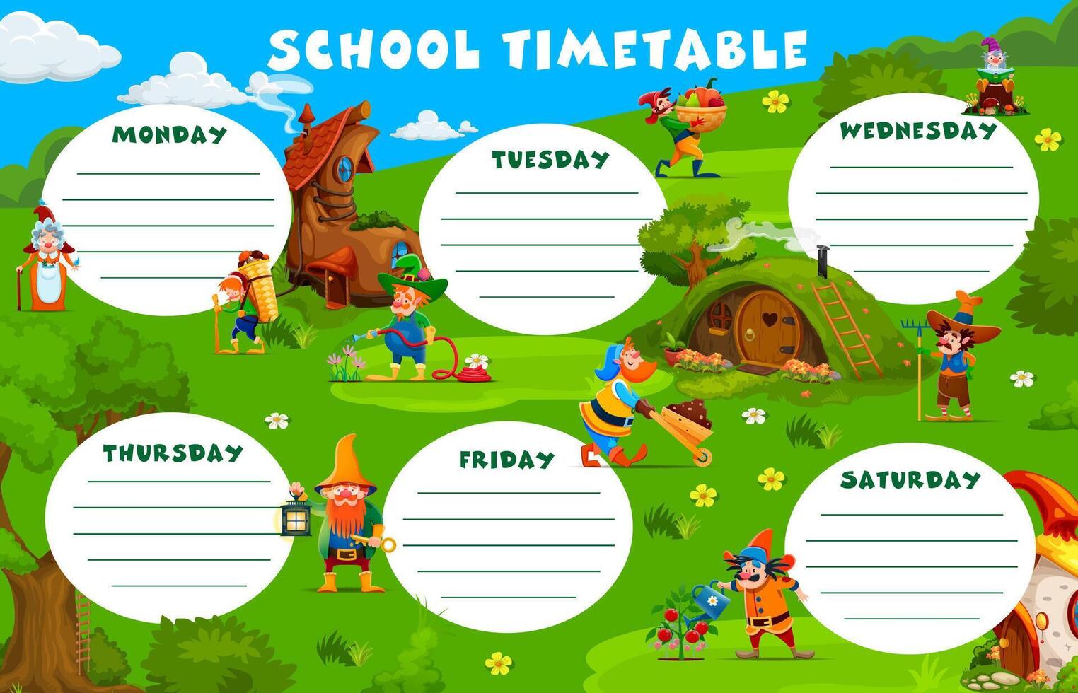 Timetable schedule with cartoon gnome characters vector