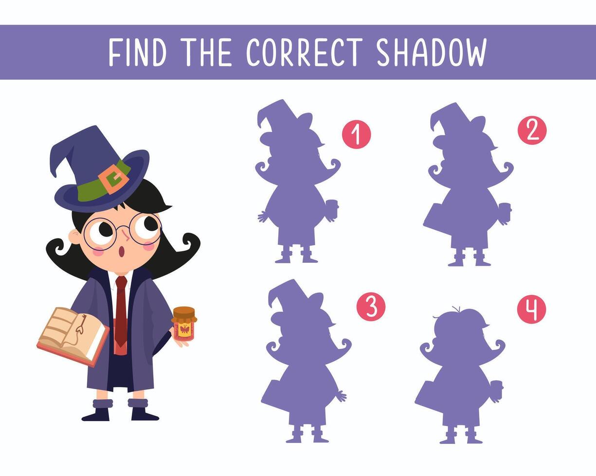Find the right shadow. Game for children. Cute girl witch in magic hat on white background. Halloween and wizard school. illustration. vector