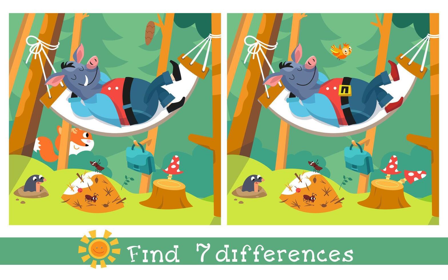 Find 7 differences. Educational puzzle game for children. Cartoon wild boar on hammock in forest. Cute animal characters in flat style. flat illustration on background. vector