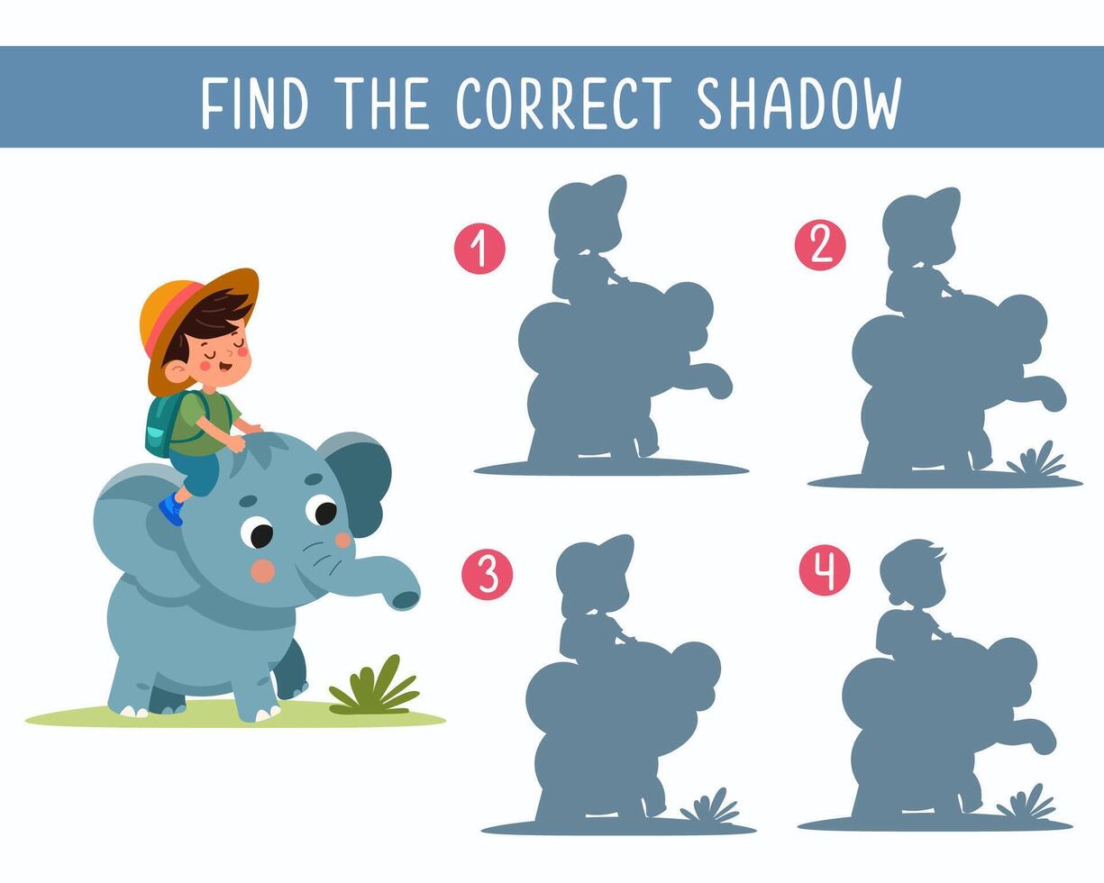 encontrar el Derecha sombra. juego para niños. linda dibujos animados elefante y chico. plano estilizado aislado sencillo ilustración. educativo rompecabezas para niños. gráficos. vector