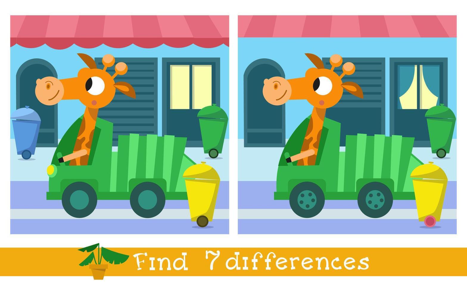 encontrar 7 7 diferencias juego para niños. tarjeta con linda dibujos animados estilo personaje. jirafa y basura camión. educación para niños. preescolar actividad. ilustración. vector