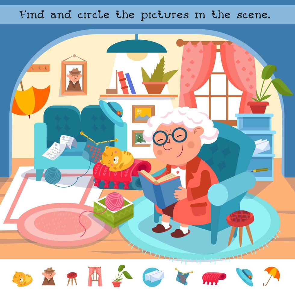 Find the hidden objects in the picture. Educational puzzle game 