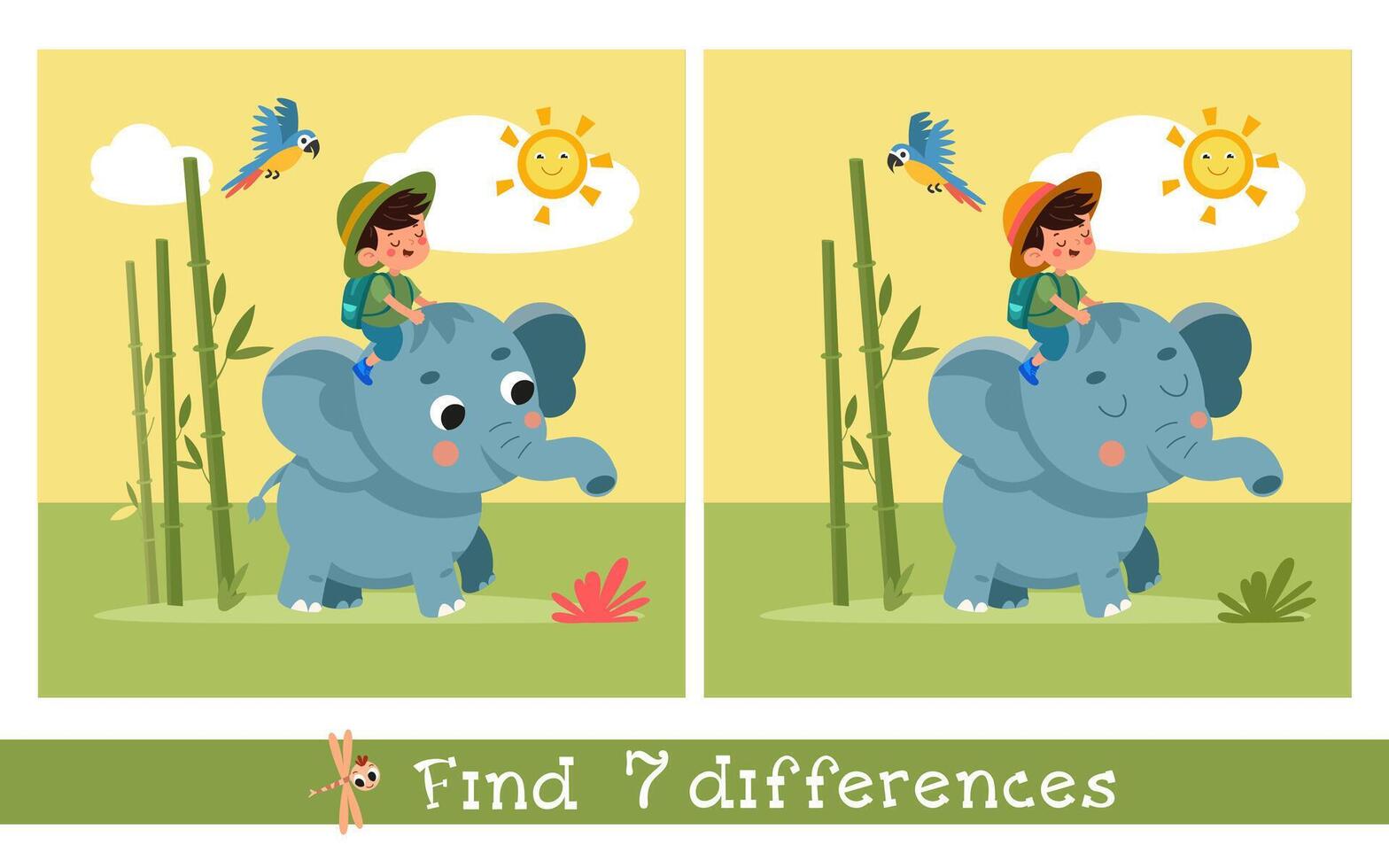 Cute cartoon elephant and boy. Flat stylised simple illustration. Find 7 differences. Educational puzzle game for children. graphics vector